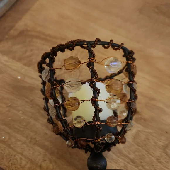 Beaded Candle Holder with Brown and Clear Accents - Picture 7 of 10